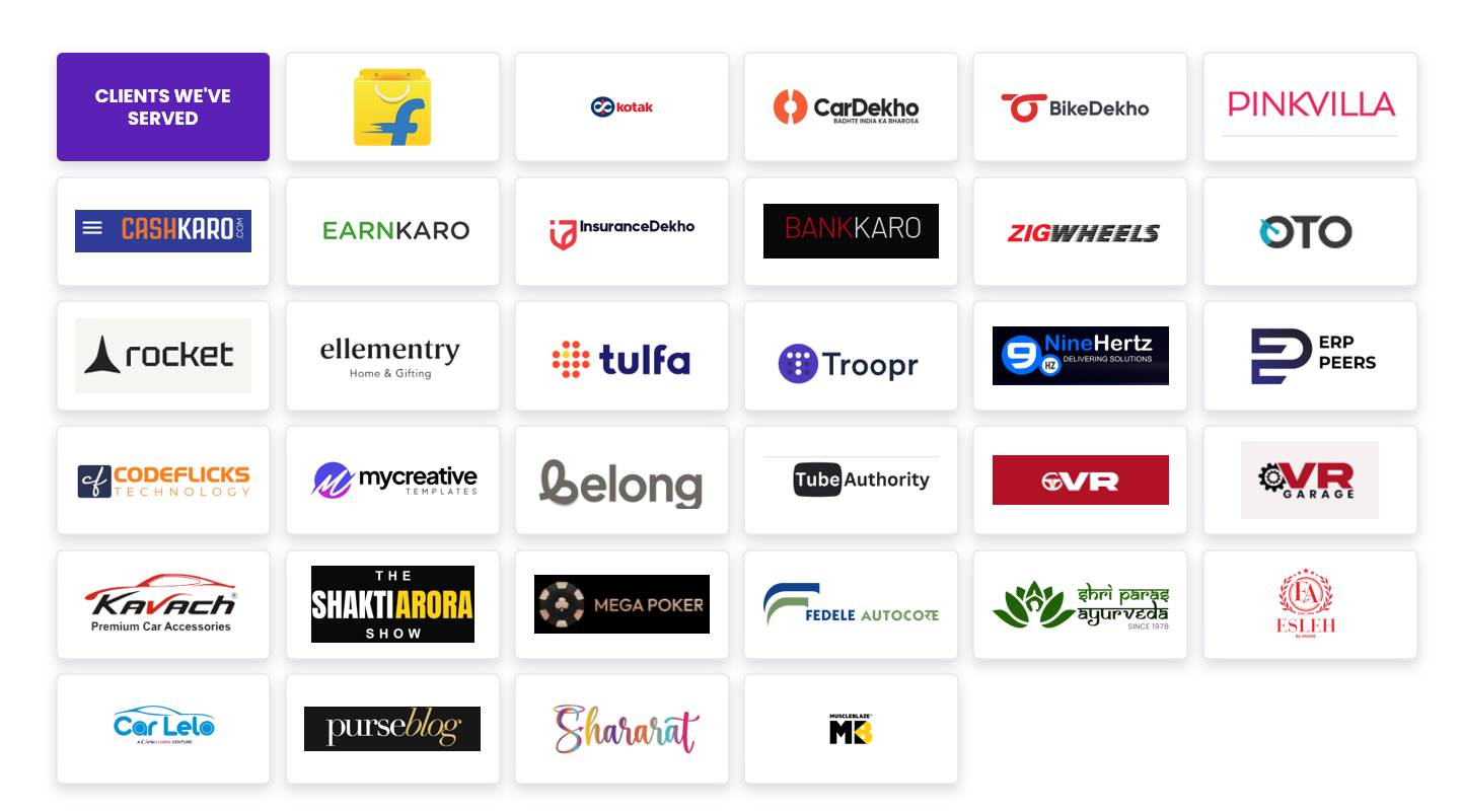 Selected brands and projects served including Flipkart, Kotak, CarDekho, BikeDekho, Pinkvilla, InsuranceDekho and more
